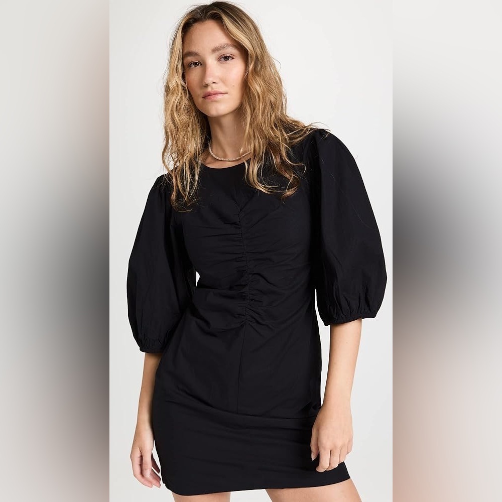 Free People Black Puff Sleeve Ruched Mini Dress